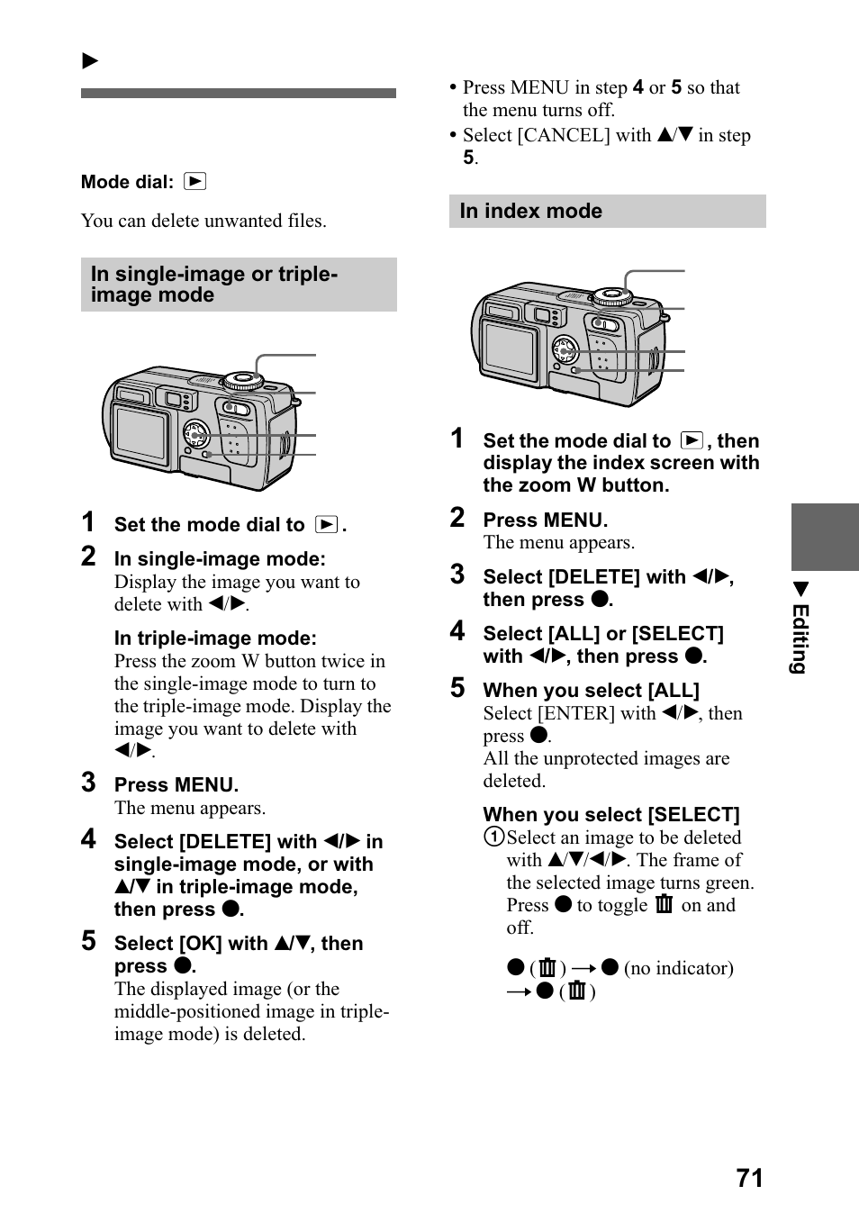B editing, Deleting images (delete), Hohwlqj lpdjhv '(/(7 | Sdjh | Sony DSC-P5 User Manual | Page 71 / 100