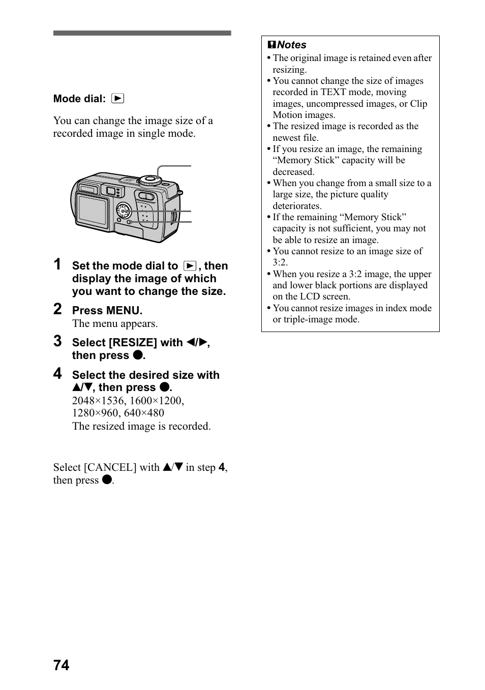 Changing the recorded still image size (resize), Kdqjlqj wkh uhfrughg vwloo lpdjh vl]h, Sdjh | Sony DSC-P5 User Manual | Page 74 / 100