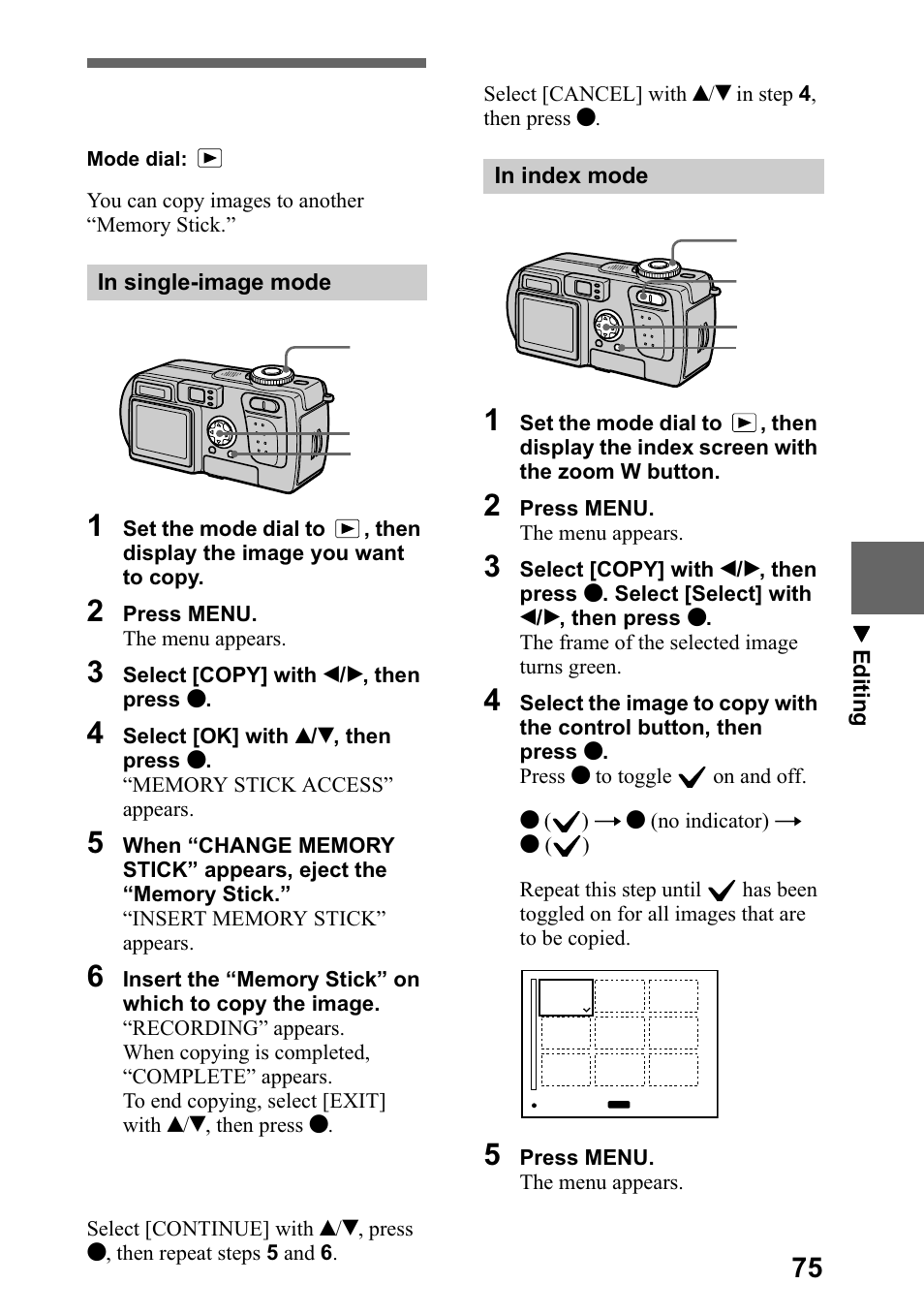 Copying images (copy), Rs\lqj lpdjhv &23, Sdjh | Sony DSC-P5 User Manual | Page 75 / 100