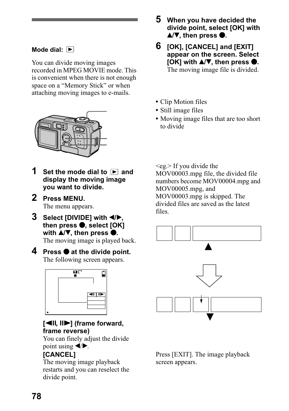 Dividing a moving image file (divide), Lylglqj d prylqj lpdjh iloh, Sdjh | Sony DSC-P5 User Manual | Page 78 / 100
