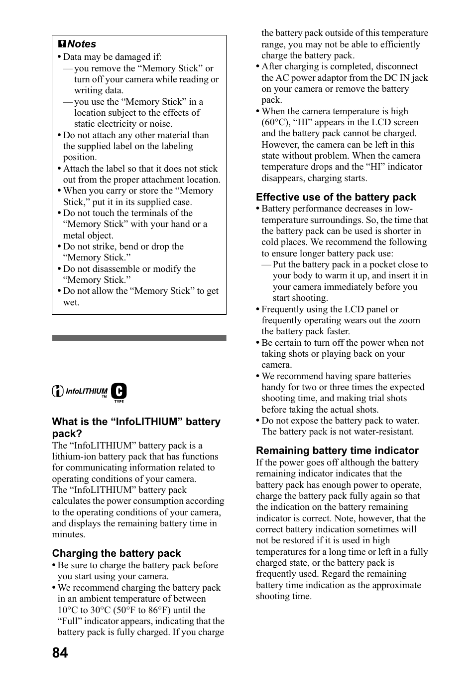 On “infolithium” battery pack, 2q ³,qir/,7+,80´ edwwhu\ sdfn | Sony DSC-P5 User Manual | Page 84 / 100