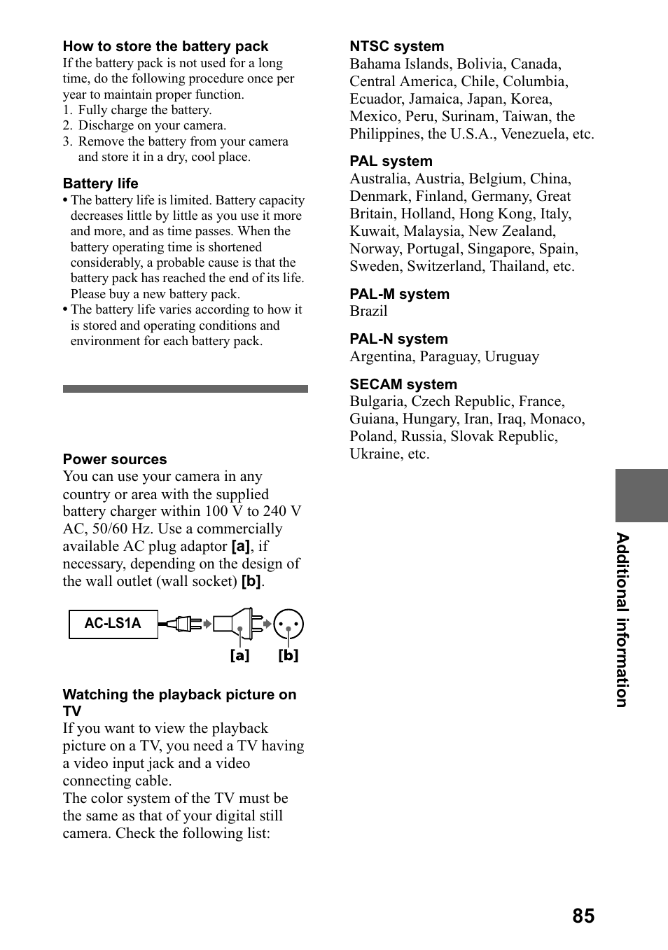 Using your camera abroad, 8vlqj \rxu fdphud deurdg, Sdjh | Sony DSC-P5 User Manual | Page 85 / 100