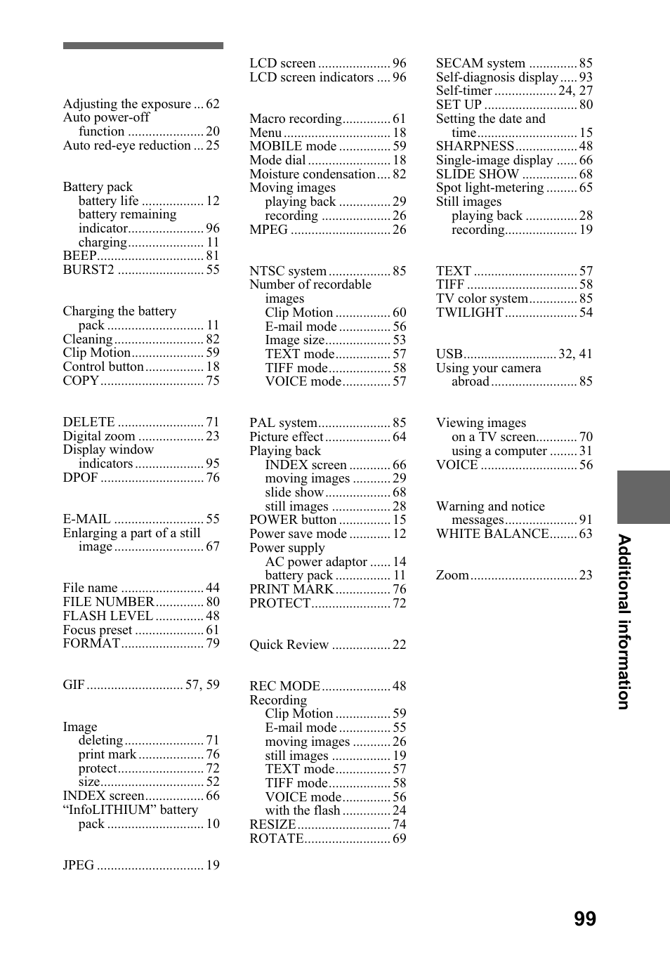 Index, Gg lwlr qdo lq iru pdw lrq | Sony DSC-P5 User Manual | Page 99 / 100