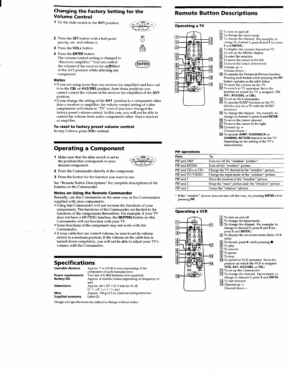 Notes, Operating a tv, Operating a vcr | Remote button descriptions, Operating a component, Specifications | Sony RM-V40A User Manual | Page 3 / 12