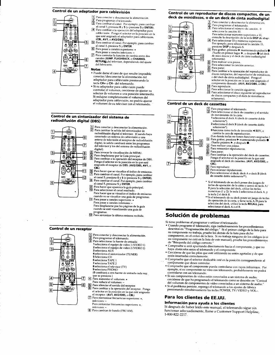 Control de un adaptador para cablevisión, Control de un receptor, Control de un deck de cassettes | Solución de problemas, Para los clientes de ee.uu | Sony RM-V40A User Manual | Page 8 / 12