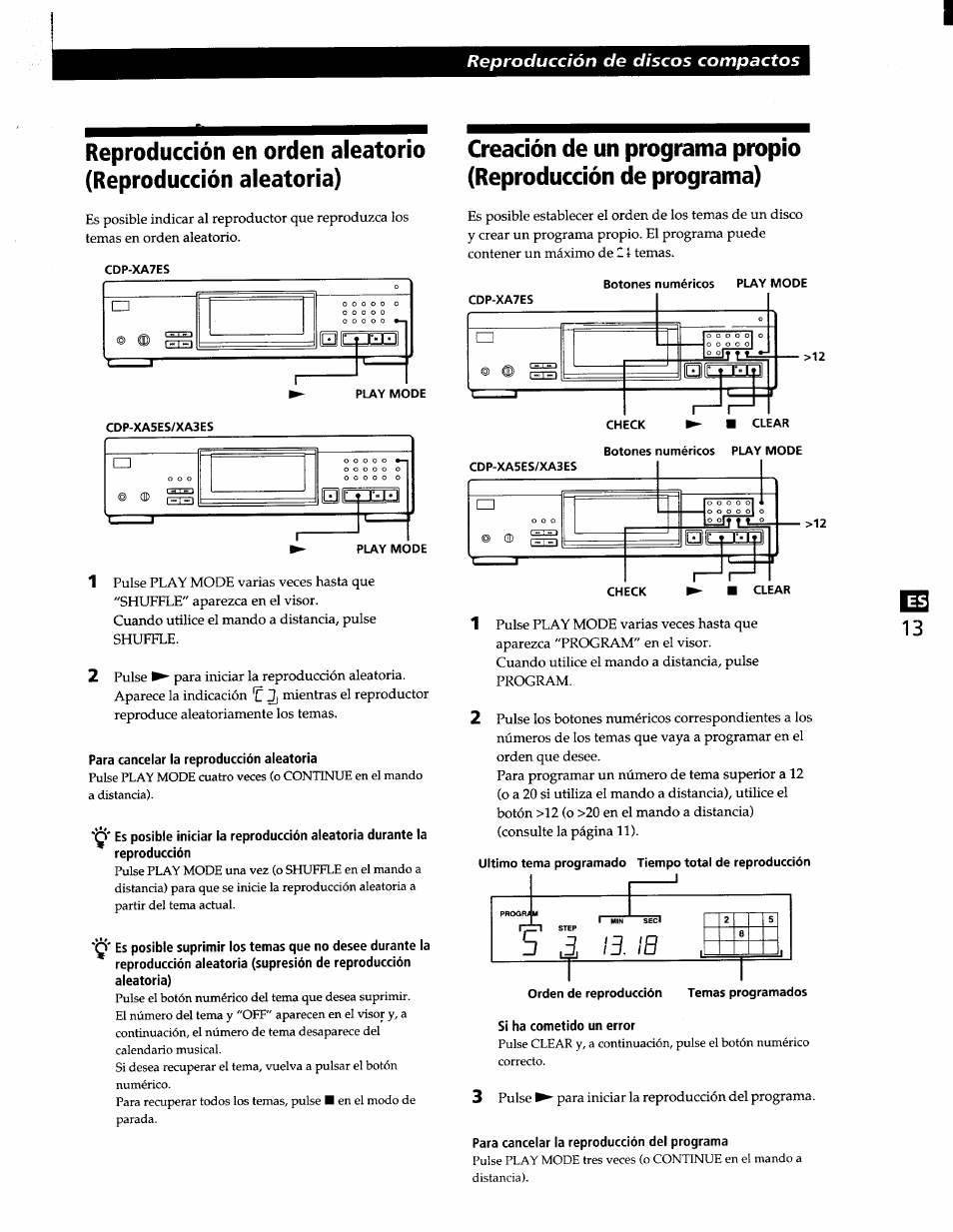 Para cancelar la reproducción aleatoria, Para cancelar la reproducción del programa, Reproducción de discos compactos | Sony CDP-XA7ES User Manual | Page 59 / 93