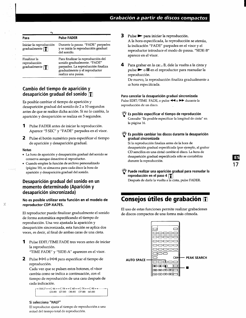 Notas, Si selecciona "half, Para cancelar la desaparición gradual sincronizada | Es posible especificar el tiempo de reproducción, Consejos útiles de grabación x, Grabación a partir de discos compactos | Sony CDP-XA7ES User Manual | Page 63 / 93