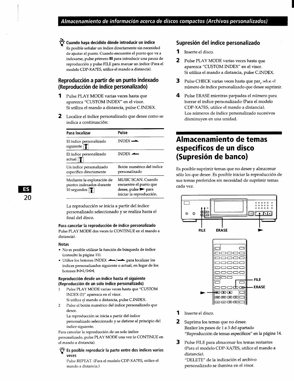 Cuando haya decidido dónde introducir un índice, Notas, Supresión del índice personalizado | Sony CDP-XA7ES User Manual | Page 66 / 93