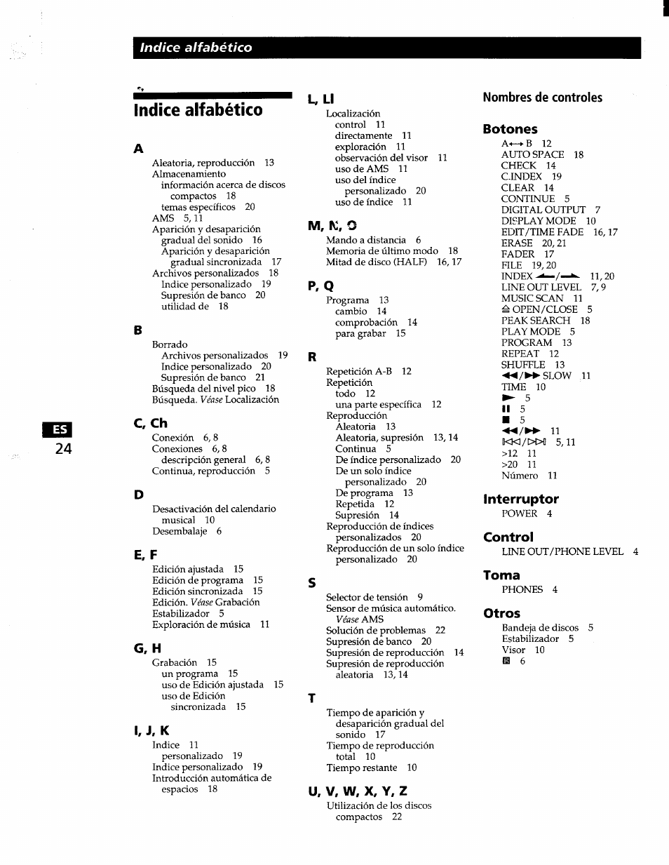 Indice alfabético, C ch, E, f | G, h, I, j, k, L, ll, P, q, U, v, w, x, y, z, Nombres de controles, Botones | Sony CDP-XA7ES User Manual | Page 70 / 93
