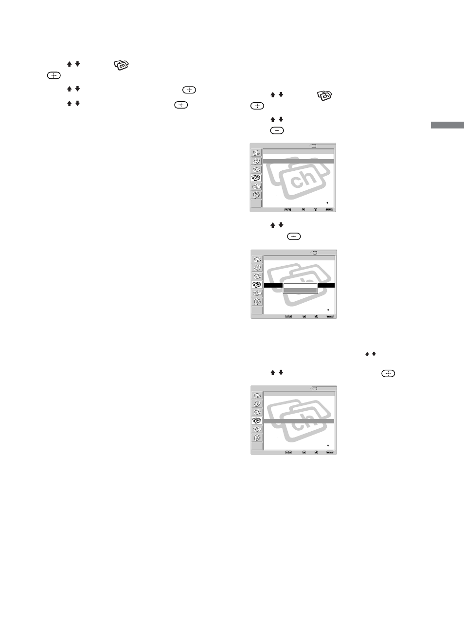 Connecting and setting the tv, Press menu, Press v/v to select (channel), then press | Press v/v to select “cable,” then press, Press v/v to select “off,” then press, Press v/v to select “channel skip/add,” then press, Press menu to exit the menu screen, Continued) | Sony KLV-23M1 User Manual | Page 37 / 80
