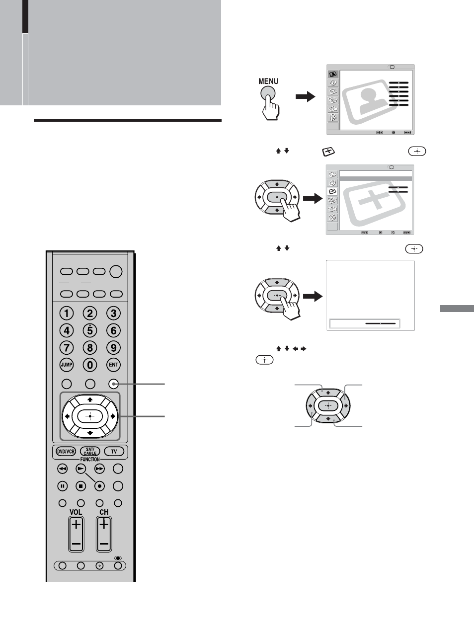 Using advanced features, Adjusting the picture position vertically, Adjusting the picture position | Vertically, Press v/v to select (screen), then press, Press v/v to select “v center,” then press, Press v/v/b/b to adjust the position, then press, Press menu to exit the menu screen | Sony KLV-23M1 User Manual | Page 55 / 80