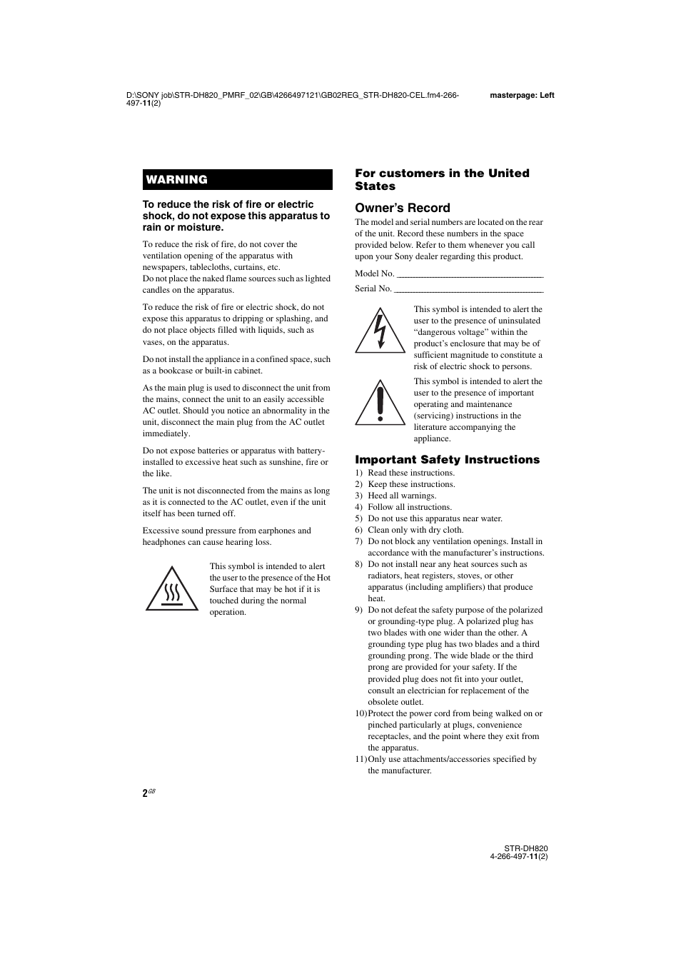 Owner’s record | Sony STR-DH820 User Manual | Page 2 / 100