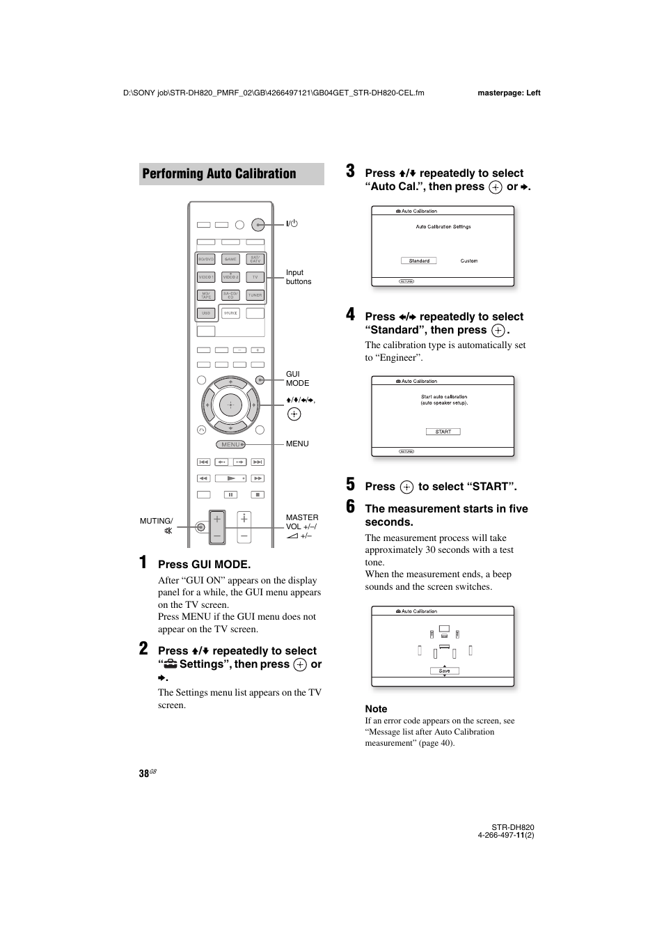 Performing auto calibration | Sony STR-DH820 User Manual | Page 38 / 100