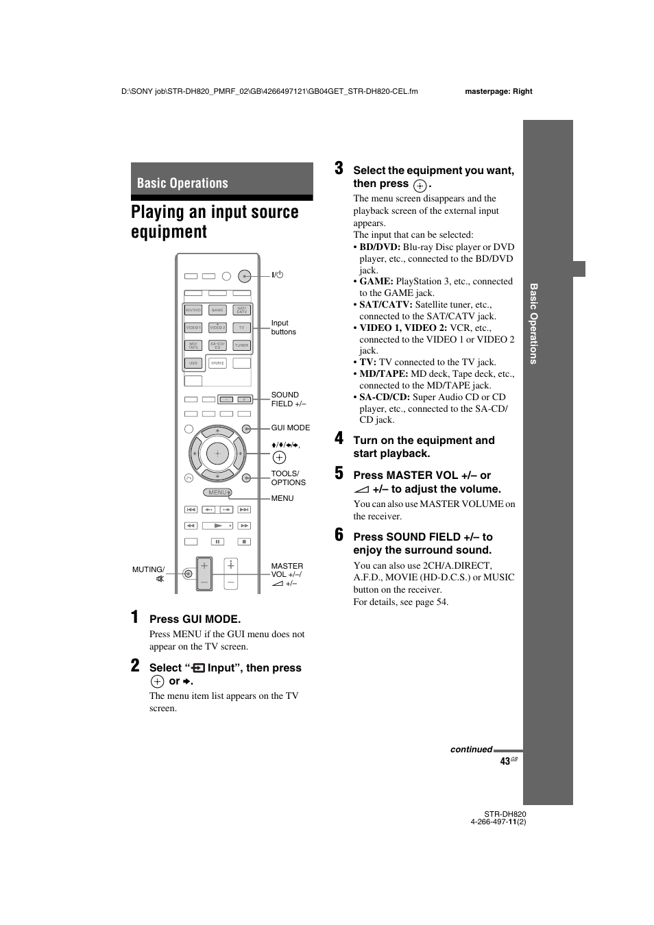 Basic operations, Playing an input source equipment, Playing an input source equipment 1 | Sony STR-DH820 User Manual | Page 43 / 100