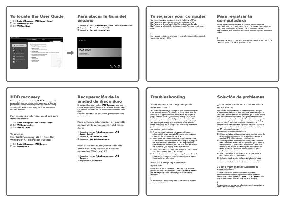 Para ubicar la guía del usuario, Hdd recovery, Recuperación de la unidad de disco duro | Para registrar la computadora, Troubleshooting, Solución de problemas | Sony VGN-SZ645P User Manual | Page 2 / 2