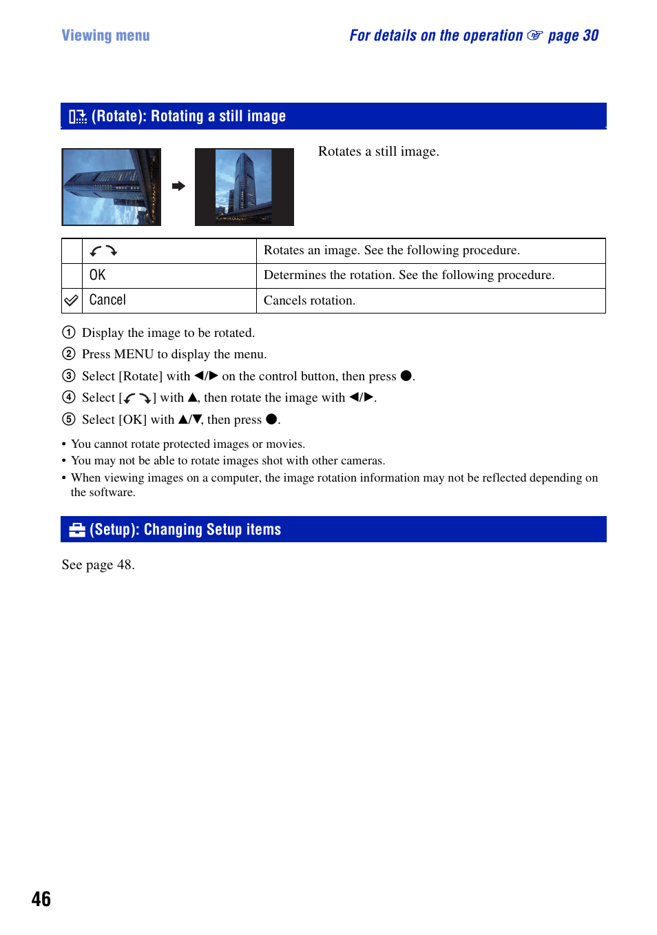 Rotate: rotating a still image, Setup: changing setup items, Rotate): rotating a still image | Setup): changing setup items | Sony DSC-S730 User Manual | Page 46 / 100