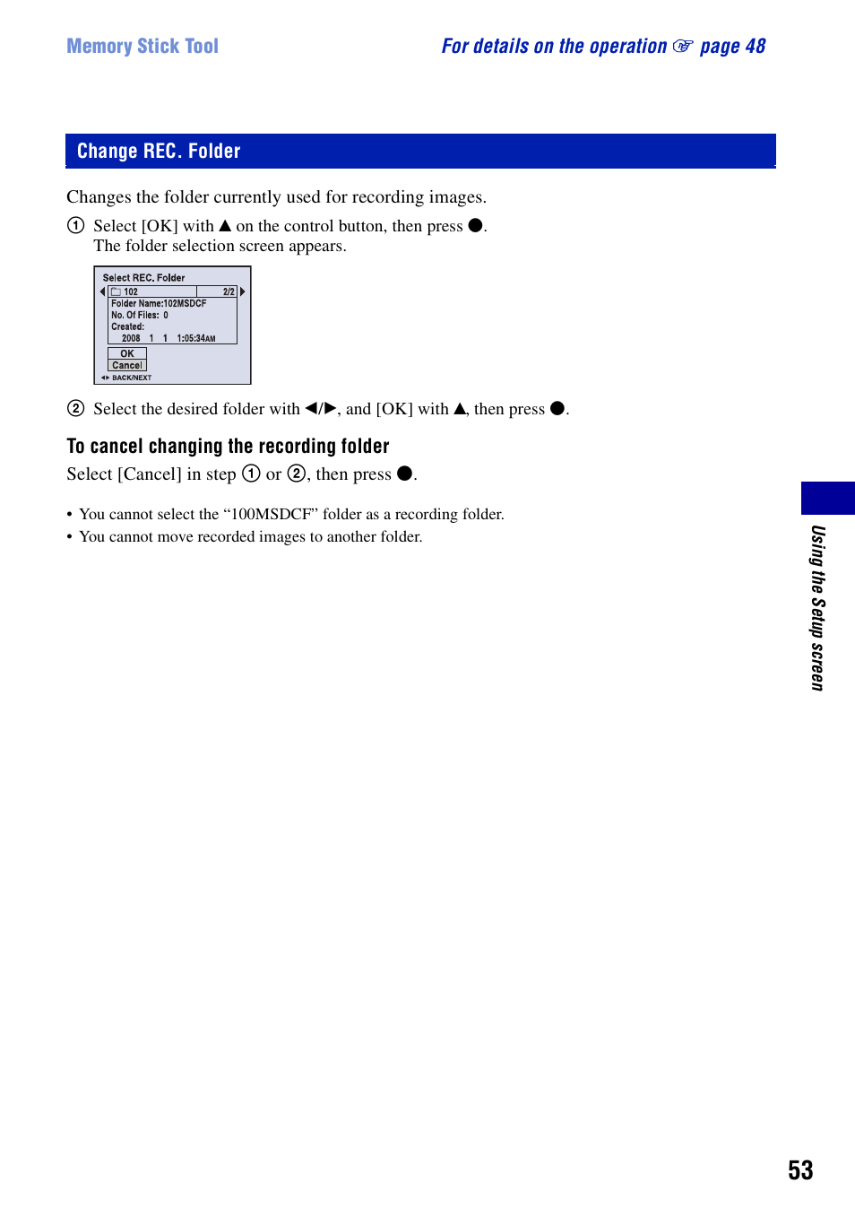 Change rec. folder | Sony DSC-S730 User Manual | Page 53 / 100