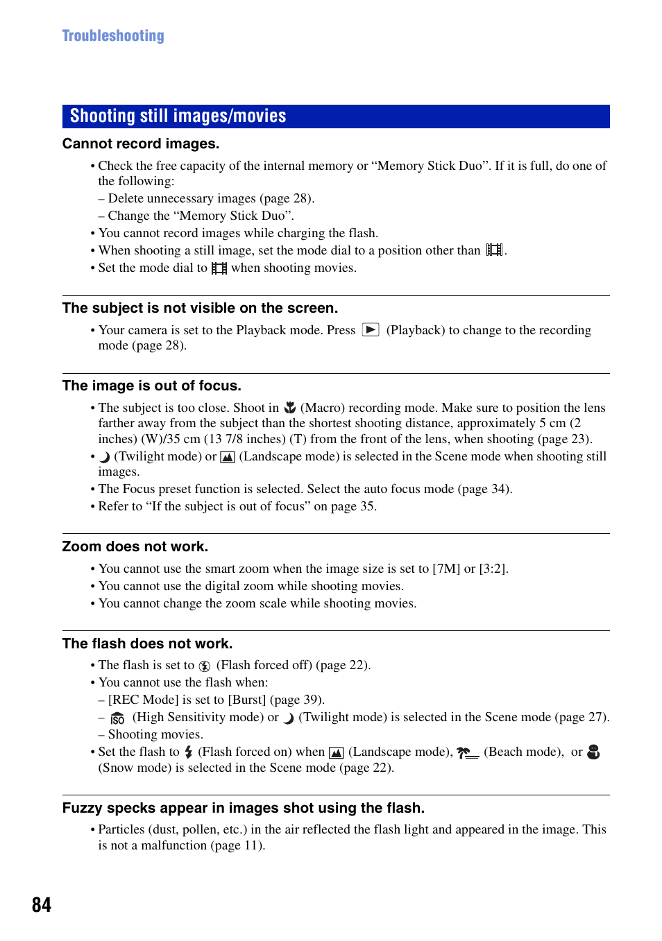 Shooting still images/movies | Sony DSC-S730 User Manual | Page 84 / 100