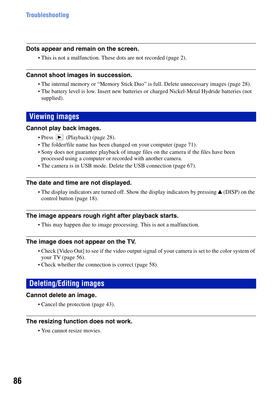 Viewing images, Deleting/editing images, Viewing images deleting/editing images | Sony DSC-S730 User Manual | Page 86 / 100
