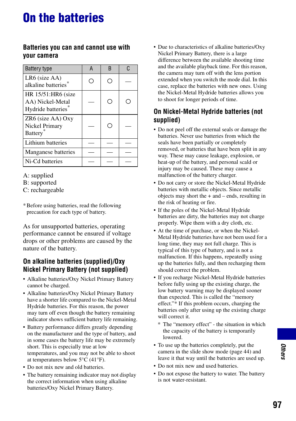On the batteries | Sony DSC-S730 User Manual | Page 97 / 100