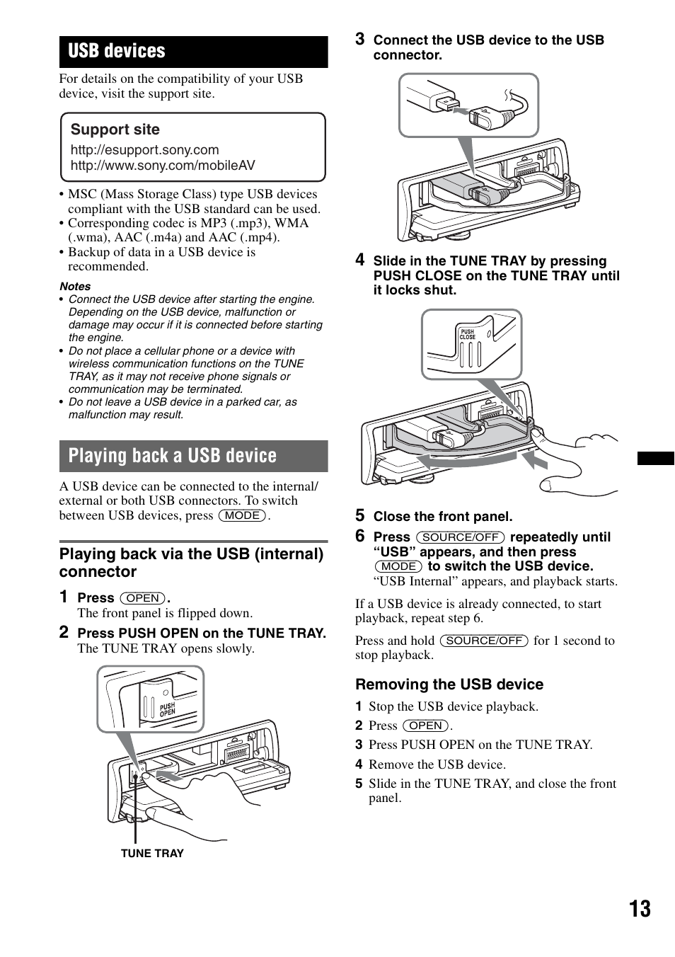 Usb devices, Playing back a usb device, Playing back via the usb (internal) connector | Sony DSX-S210X User Manual | Page 13 / 72