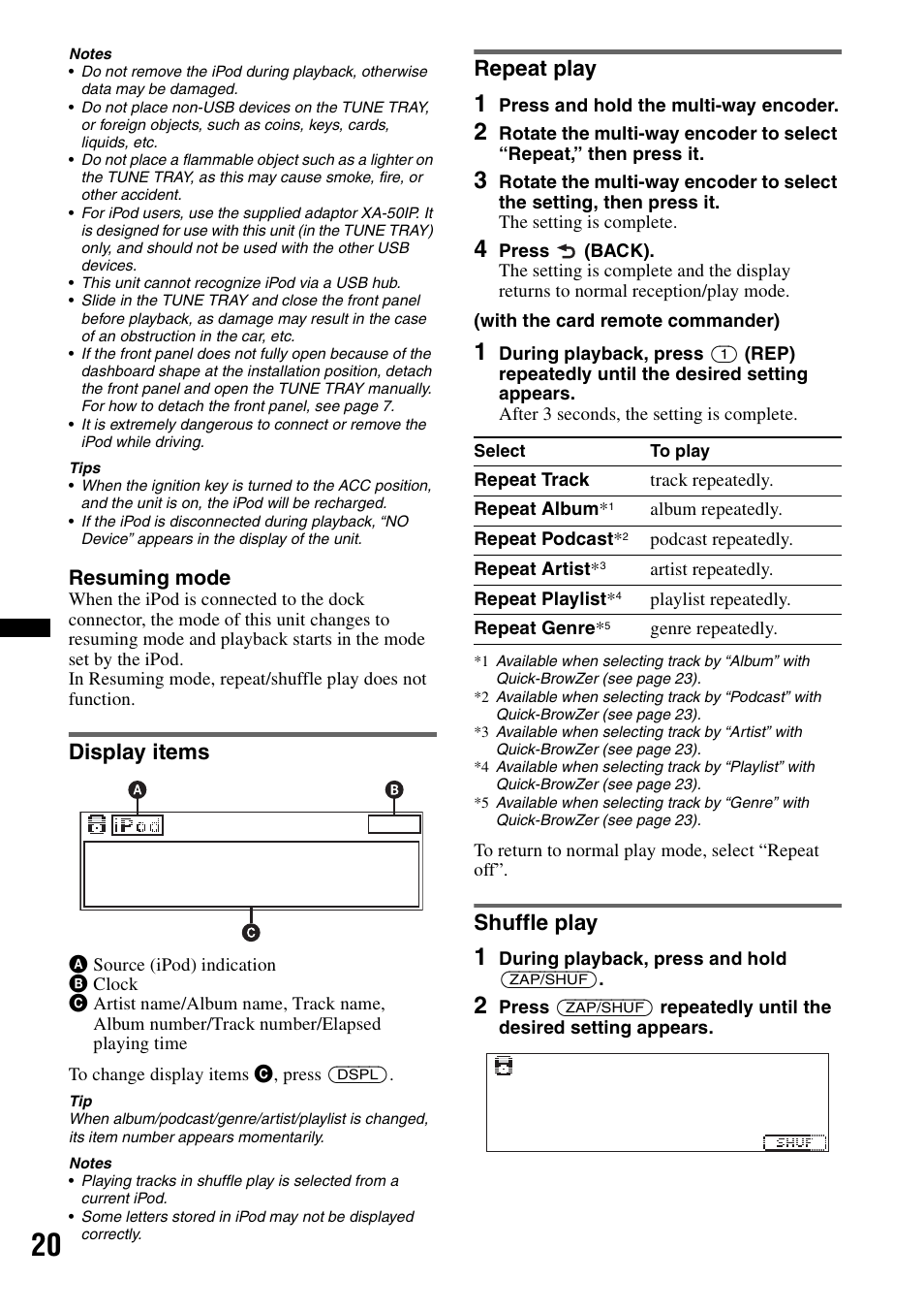 Display items, Repeat play, Shuffle play | Display items repeat play shuffle play, Resuming mode | Sony DSX-S210X User Manual | Page 20 / 72