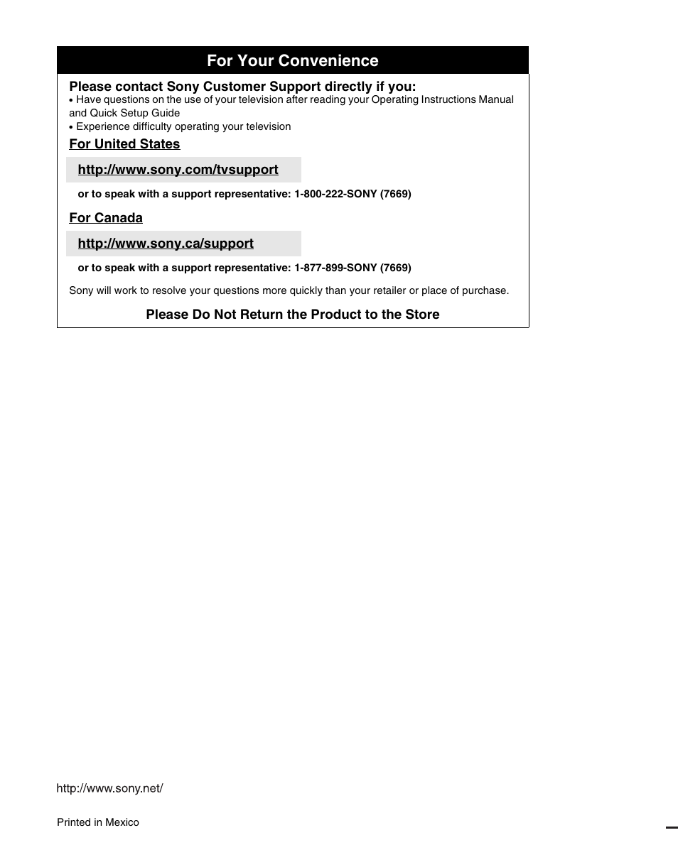 For your convenience | Sony KDL-22L4000 User Manual | Page 44 / 44