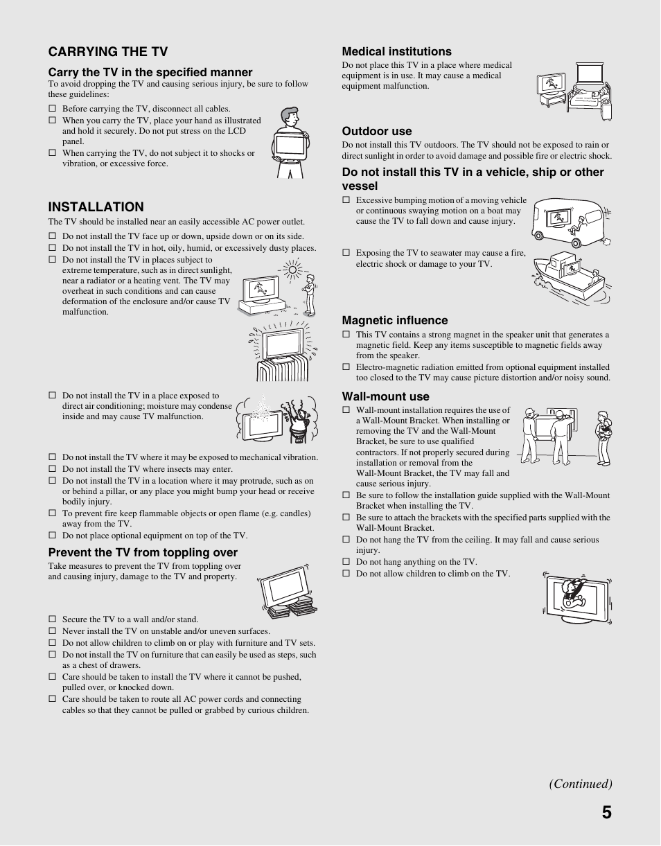 Carrying the tv, Installation, Continued) | Sony KDL-22L4000 User Manual | Page 5 / 44