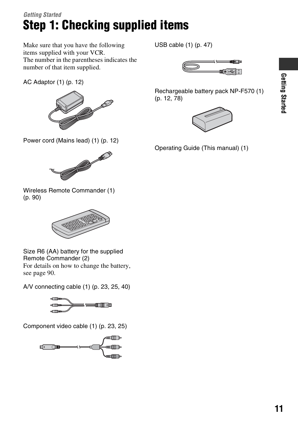Getting started, Step 1: checking supplied items | Sony GV-HD700 User Manual | Page 11 / 108