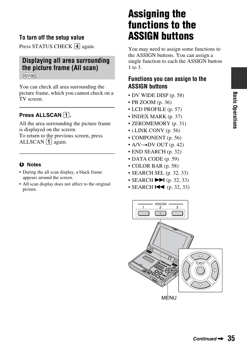 Assigning the functions to the assign buttons, Displaying all area surrounding the, Picture frame (all scan) | Assigning the functions to the, Assign buttons, P. 35) | Sony GV-HD700 User Manual | Page 35 / 108