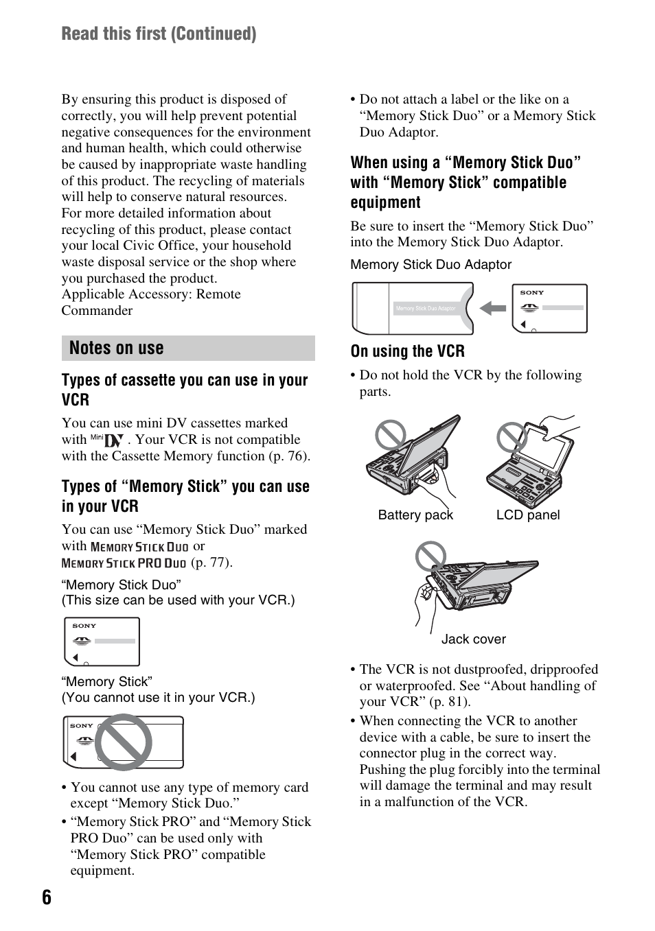 Read this first (continued) | Sony GV-HD700 User Manual | Page 6 / 108