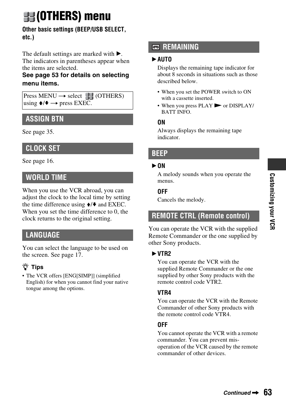 Others) menu, Other basic settings (beep/usb select, etc.), Other basic settings (beep/usb | Select, etc.), P. 63, Assign btn clock set world time language, Remaining beep remote ctrl (remote control) | Sony GV-HD700 User Manual | Page 63 / 108