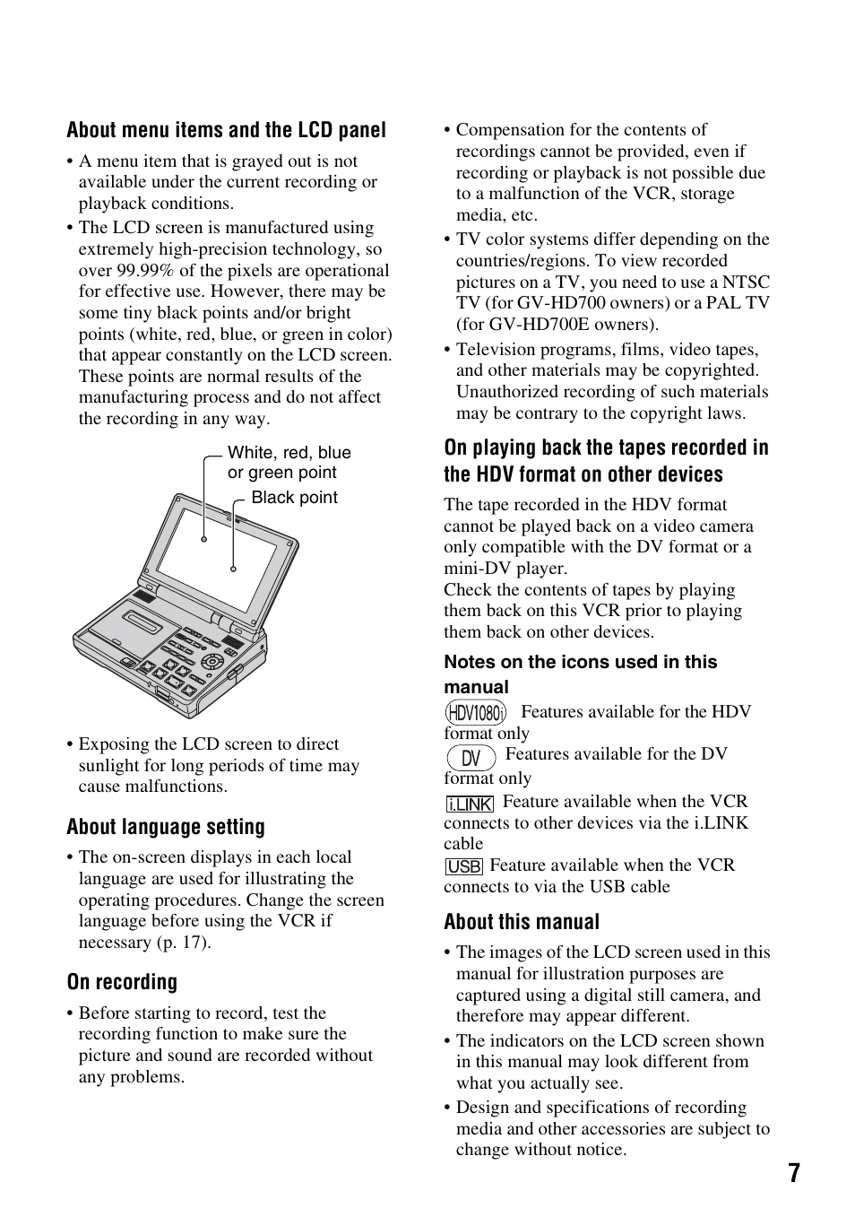 Sony GV-HD700 User Manual | Page 7 / 108