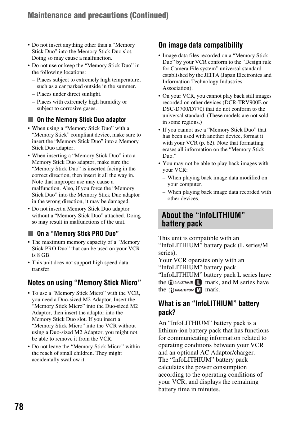 About the “infolithium” battery pack, About the “infolithium” battery, Pack | P. 78, P. 78), On image data compatibility, What is an “infolithium” battery pack | Sony GV-HD700 User Manual | Page 78 / 108