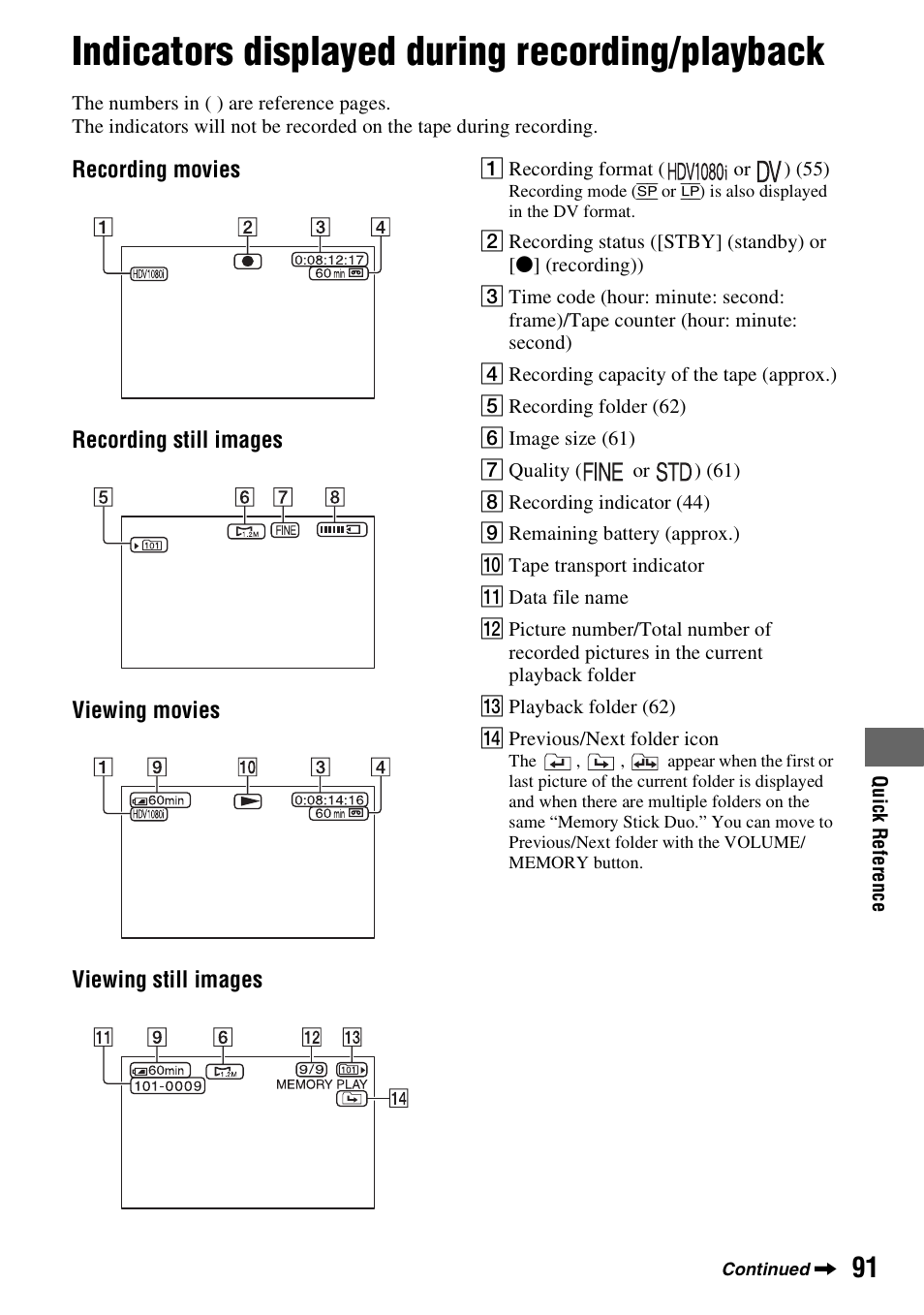 Indicators displayed during recording/playback, Indicators displayed during recording, Playback | Sony GV-HD700 User Manual | Page 91 / 108