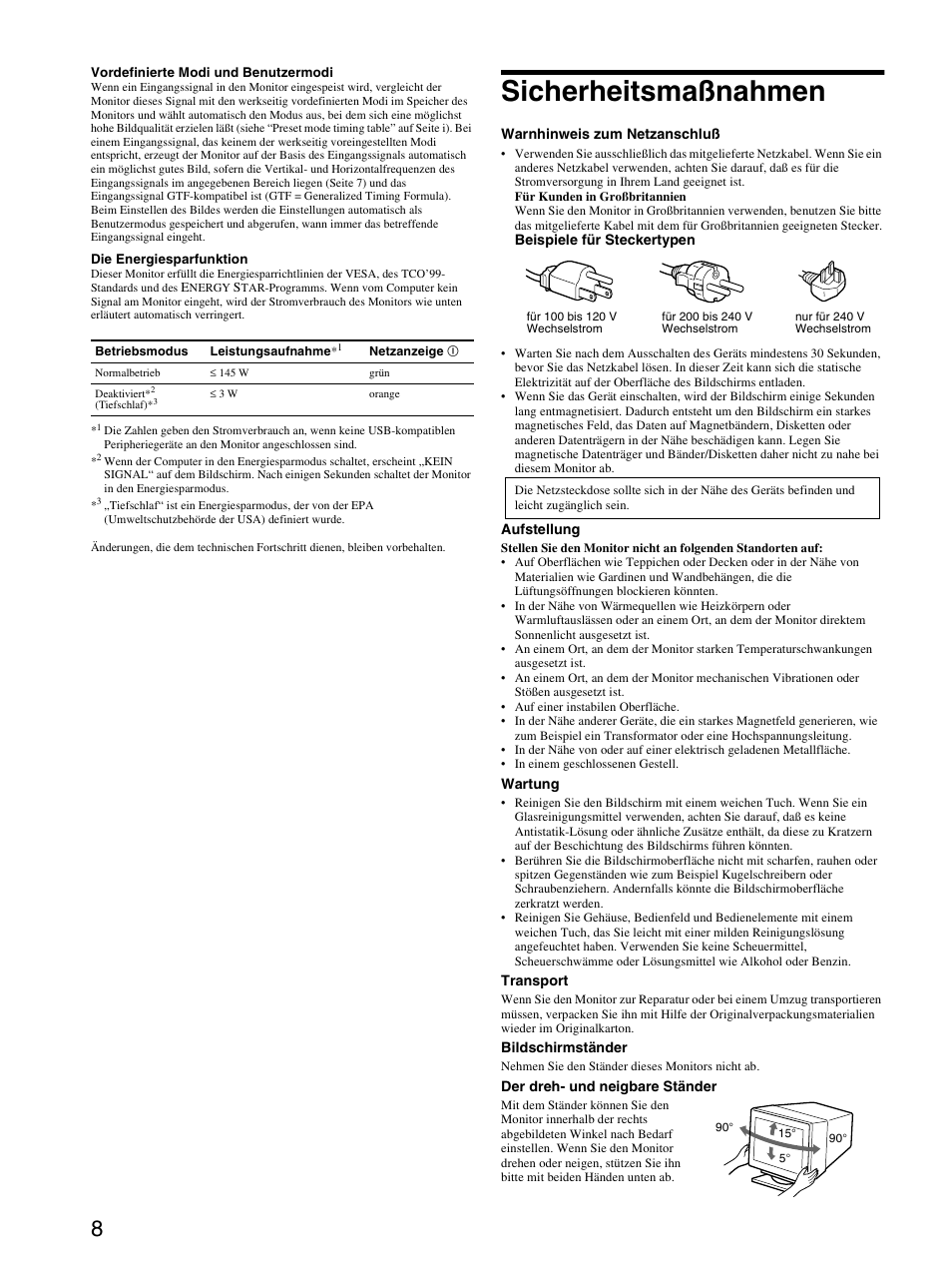 Sicherheitsmaßnahmen | Sony GDM-F520 User Manual | Page 20 / 52