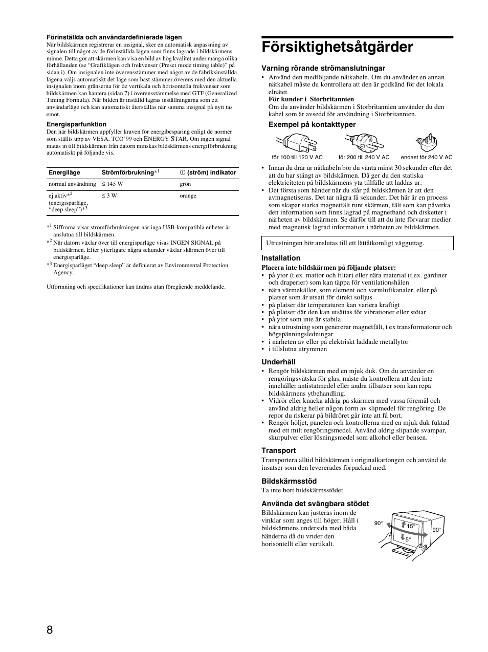 Försiktighetsåtgärder | Sony GDM-F520 User Manual | Page 44 / 52