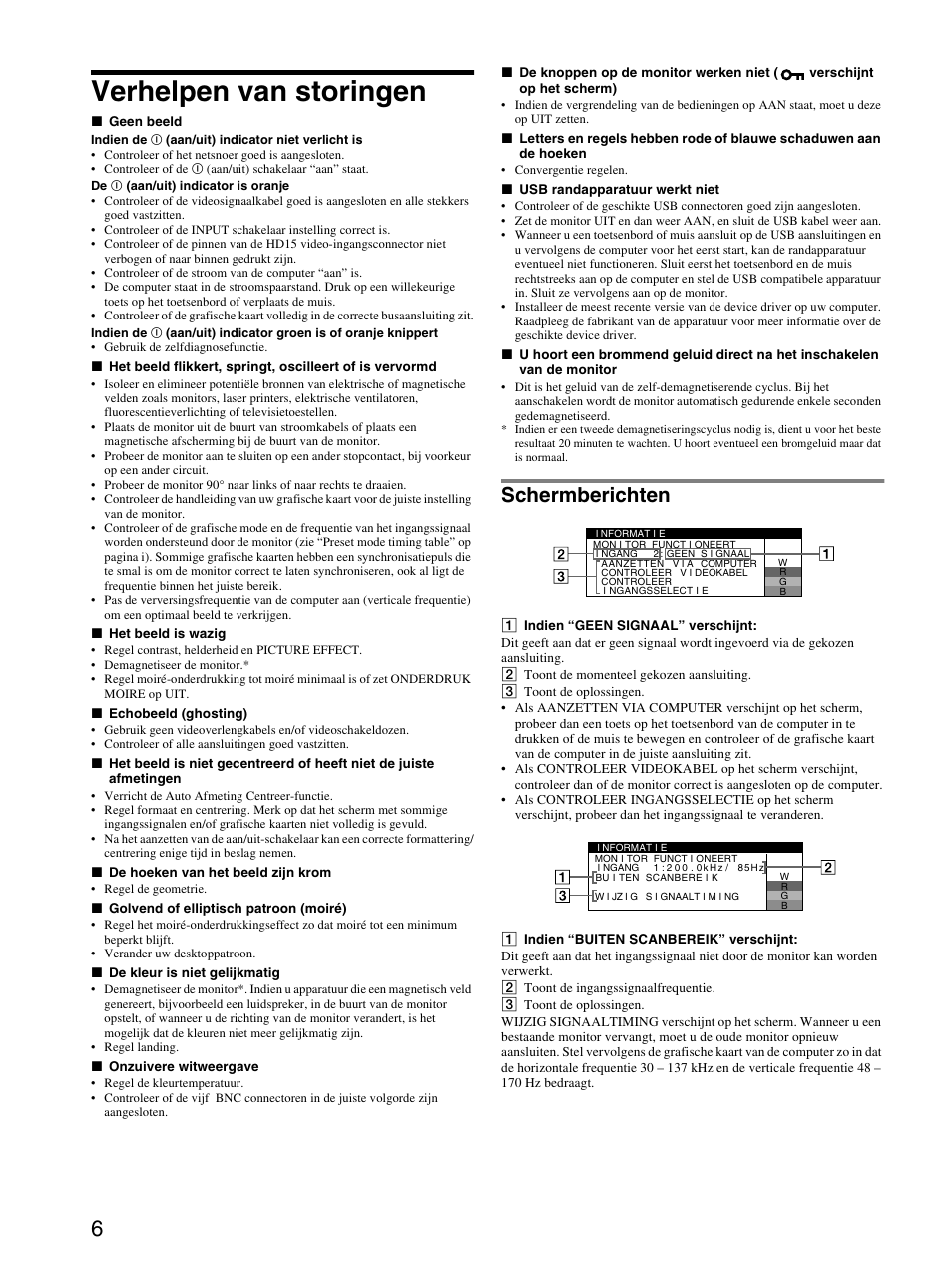 Verhelpen van storingen, Schermberichten | Sony GDM-F520 User Manual | Page 48 / 52