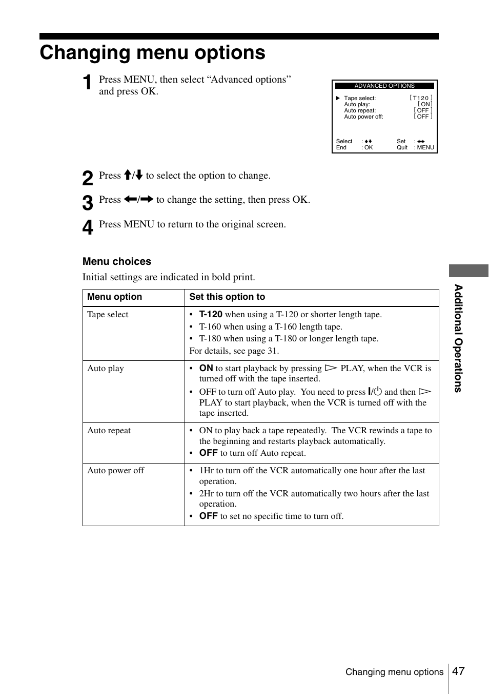 Changing menu options, 47 ch | Sony SLV-N51 User Manual | Page 47 / 60