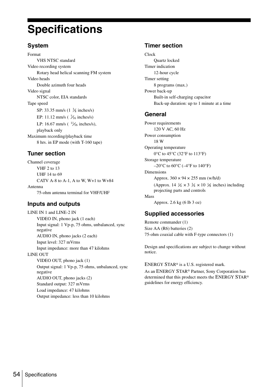 Specifications, 54 sp, System | Inputs and outputs, General, Supplied accessories | Sony SLV-N51 User Manual | Page 54 / 60
