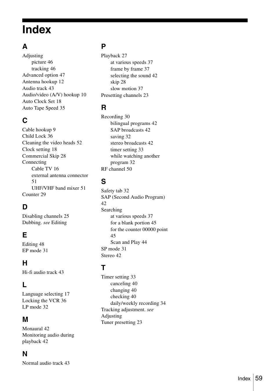 Index, 59 in | Sony SLV-N51 User Manual | Page 59 / 60