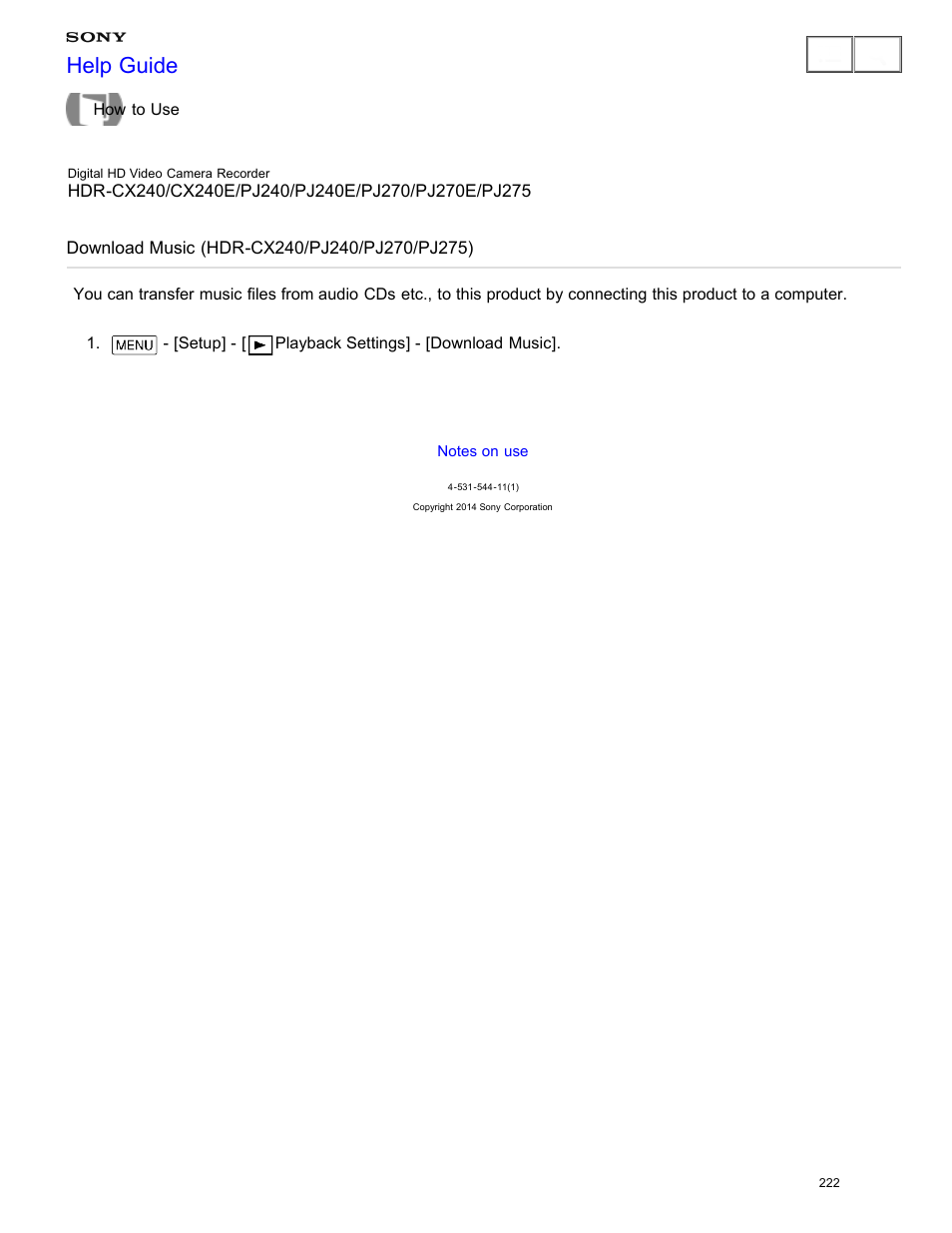 Download music (hdr-cx240/pj240/pj270/pj275), Help guide | Sony HDR-CX240 User Manual | Page 232 / 351