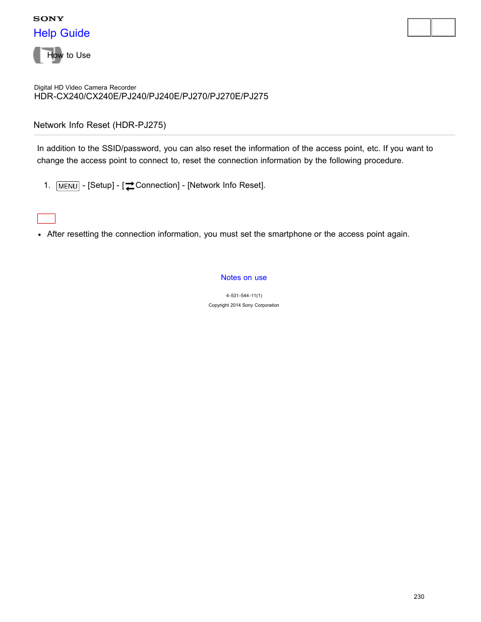 Network info reset (hdr-pj275), Help guide | Sony HDR-CX240 User Manual | Page 240 / 351
