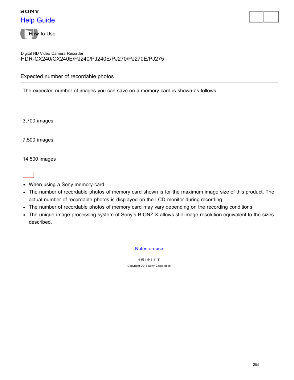 Expected number of recordable photos, Help guide | Sony HDR-CX240 User Manual | Page 265 / 351