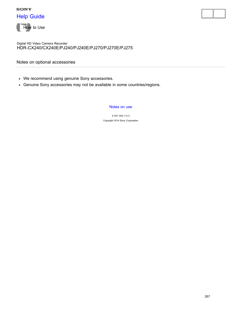 Notes on optional accessories, Help guide | Sony HDR-CX240 User Manual | Page 277 / 351