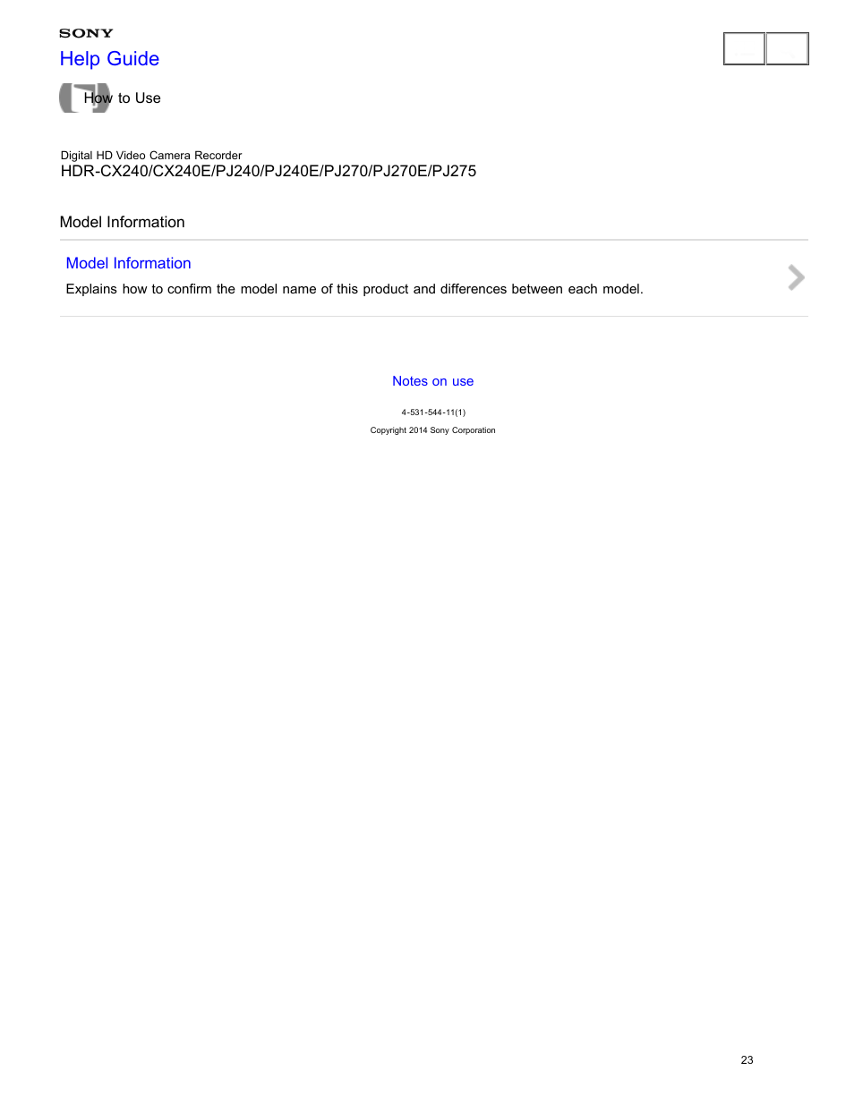 Model information, Help guide | Sony HDR-CX240 User Manual | Page 33 / 351