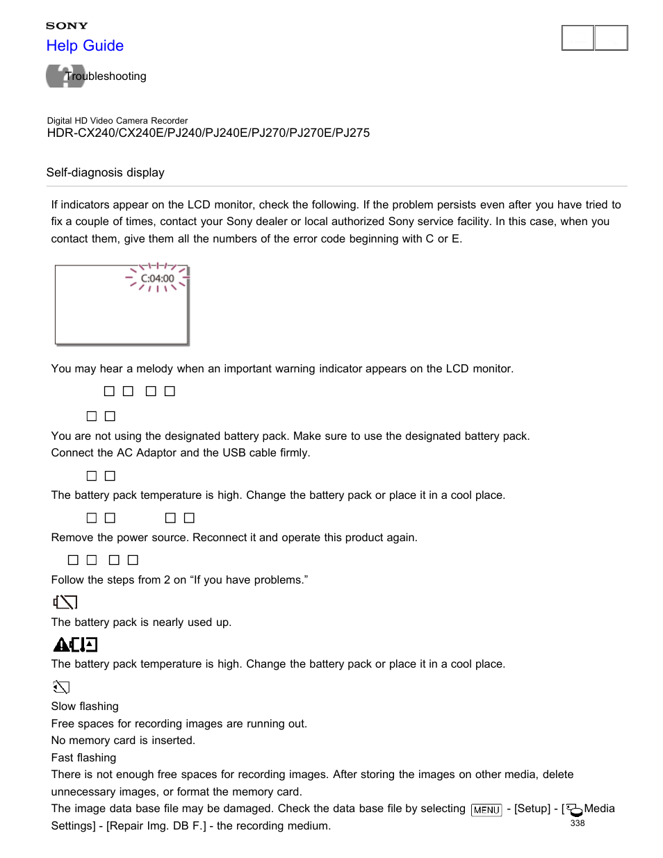 Self-diagnosis display, Help guide | Sony HDR-CX240 User Manual | Page 348 / 351