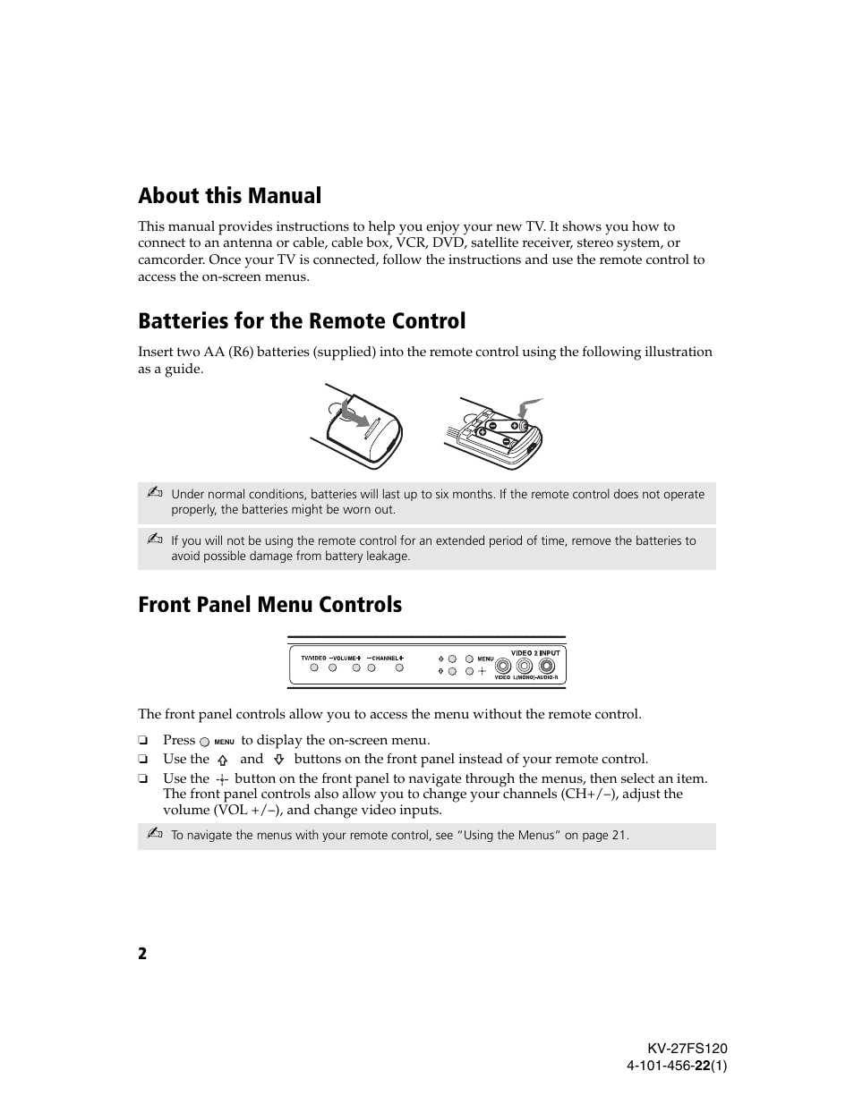 About this manual, Batteries for the remote control, Front panel menu controls | Sony KV-27FS120 User Manual | Page 10 / 48
