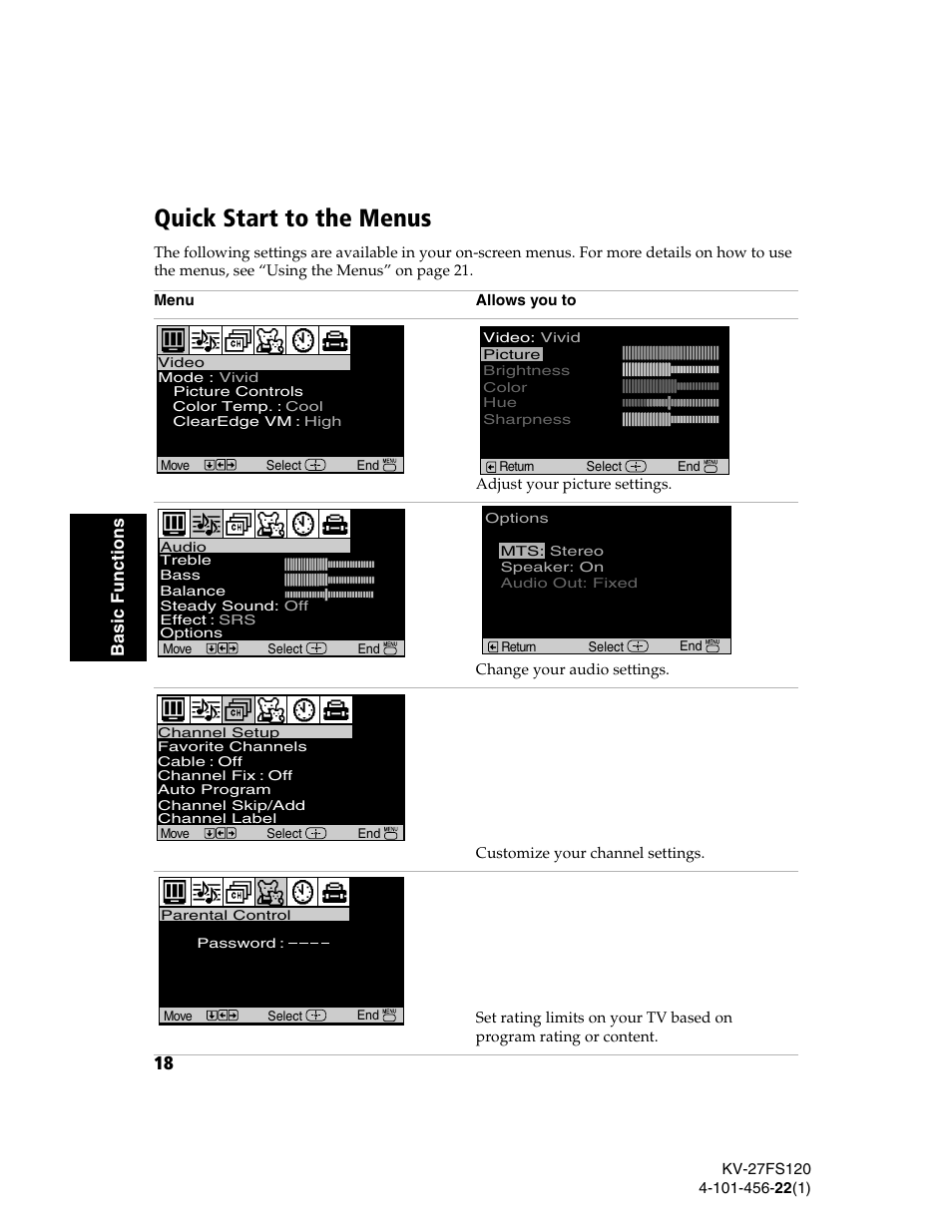Quick start to the menus | Sony KV-27FS120 User Manual | Page 26 / 48