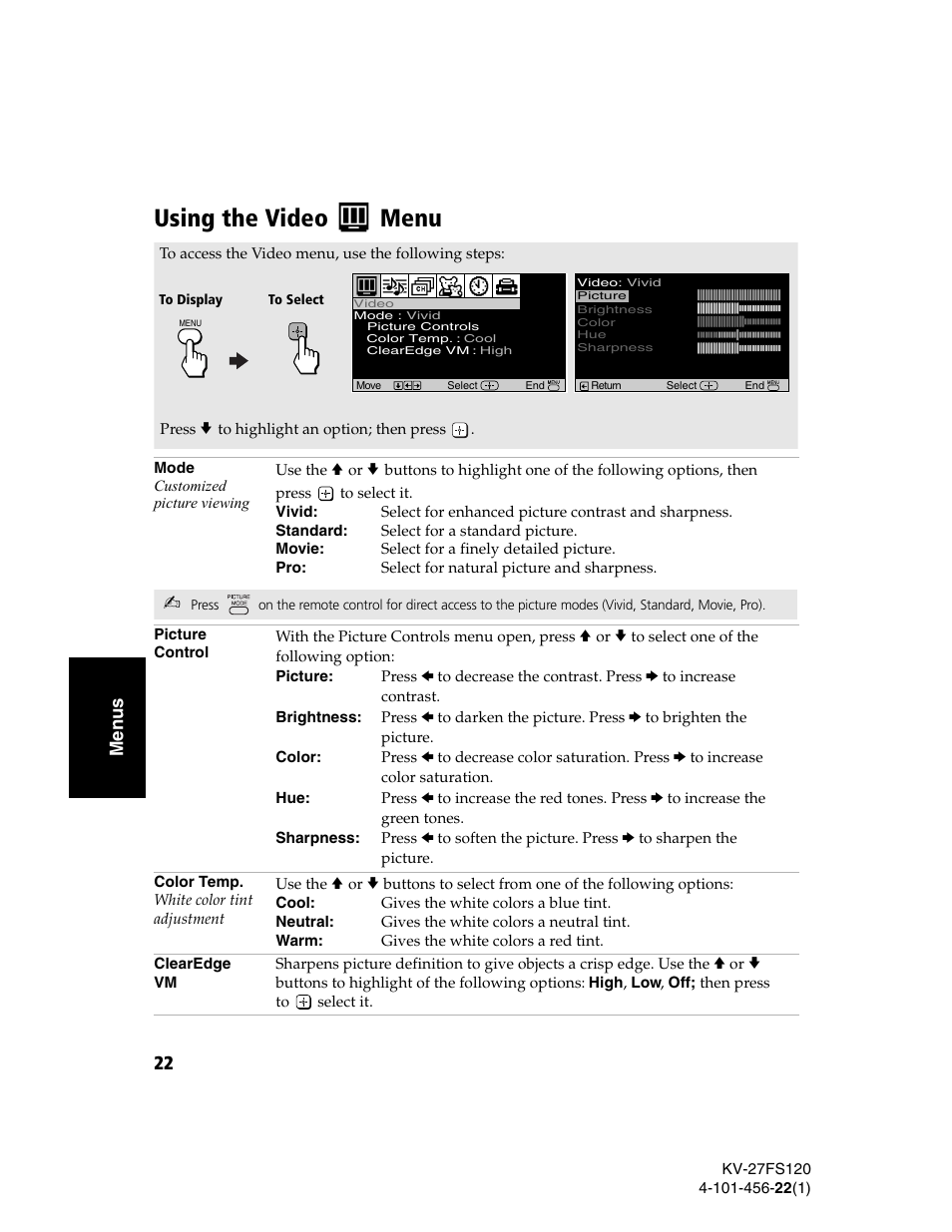 Using the video menu, Using the video | Sony KV-27FS120 User Manual | Page 30 / 48